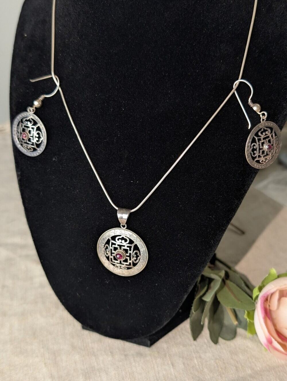 Sterling Silver 925 Tibetan Mandala Pendant Necklace & Earrings Set Red Cabochon
